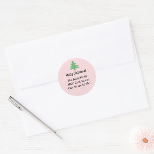 Whimsical Pink Green Christmas Tree Return Address Classic Round Sticker