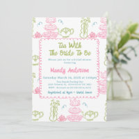 Whimsical Pink Green Hand Drawn Tea Bridal Shower