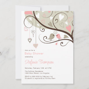 Whimsical Pink & Grey Birds Baby Shower Invitation