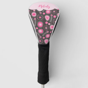 Whimsical pink grey hearts and flowers floral name golf head cover