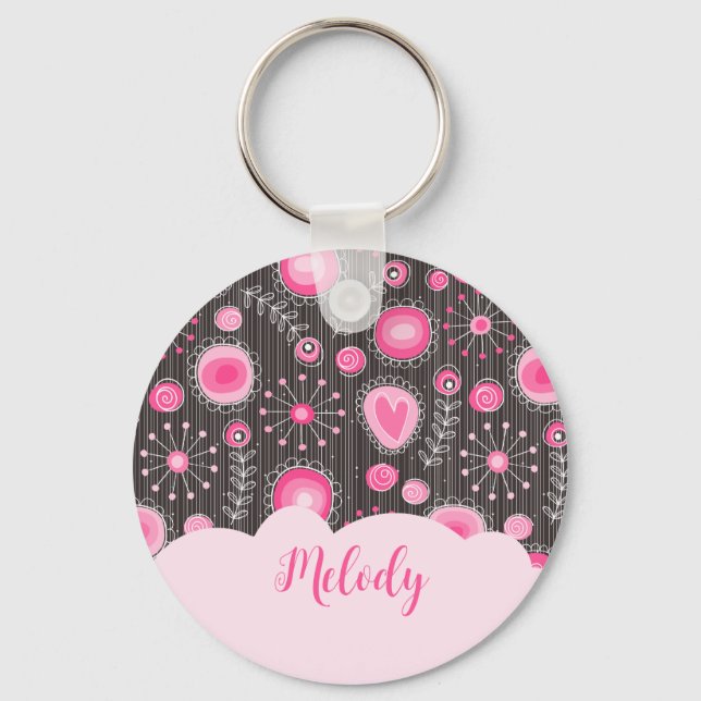 Whimsical pink grey hearts and flowers floral name key ring (Front)