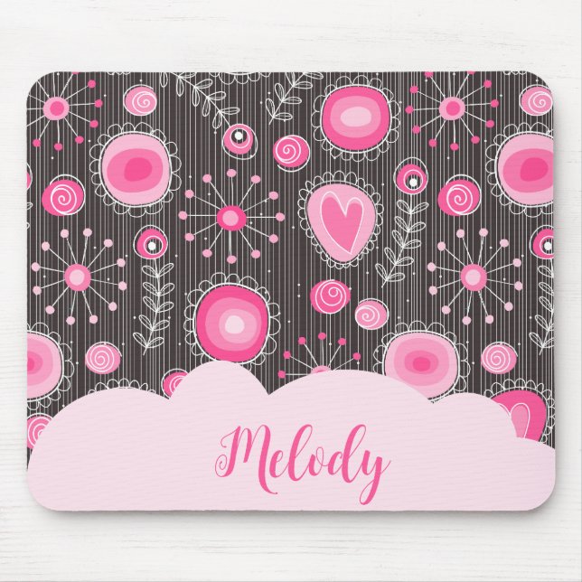 Whimsical pink grey hearts and flowers floral name mouse pad (Front)