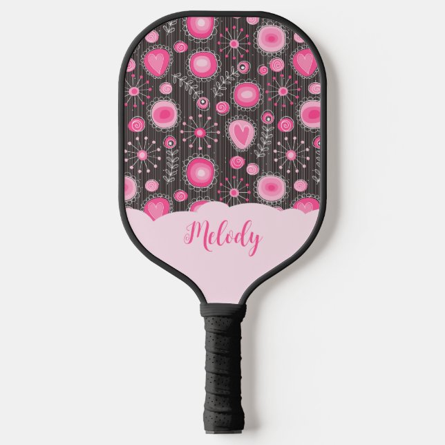 Whimsical pink grey hearts and flowers floral name pickleball paddle (Front)