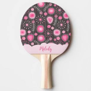 Whimsical pink grey hearts and flowers floral name ping pong paddle