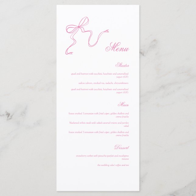 Whimsical Pink Hand drawn Bow Baby Shower Menu (Front)