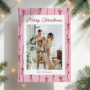 Whimsical Pink Hand Drawn Bow Merry Christmas Holiday Card