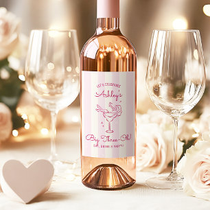 Whimsical Pink Hand Drawn Cocktail 30th Birthday Wine Label
