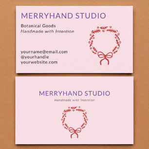 Whimsical Pink Hand Drawn Wreath Christmas  Business Card