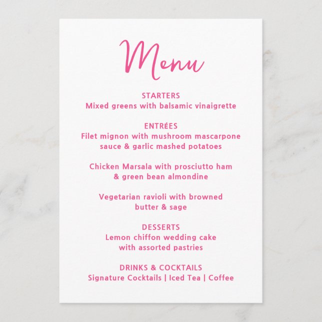 Whimsical Pink Heart Wedding Menu (Front)
