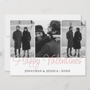 Whimsical Pink Hearts Triple Photo Valentines Holiday Card