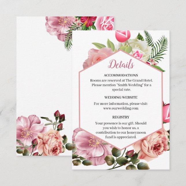 Whimsical Pink Hexagon Floral Information Enclosure Card (Front/Back)