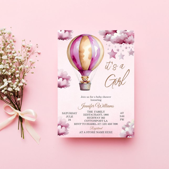 Whimsical Pink Hot Air Balloon Girl Baby Shower Invitation (Creator Uploaded)