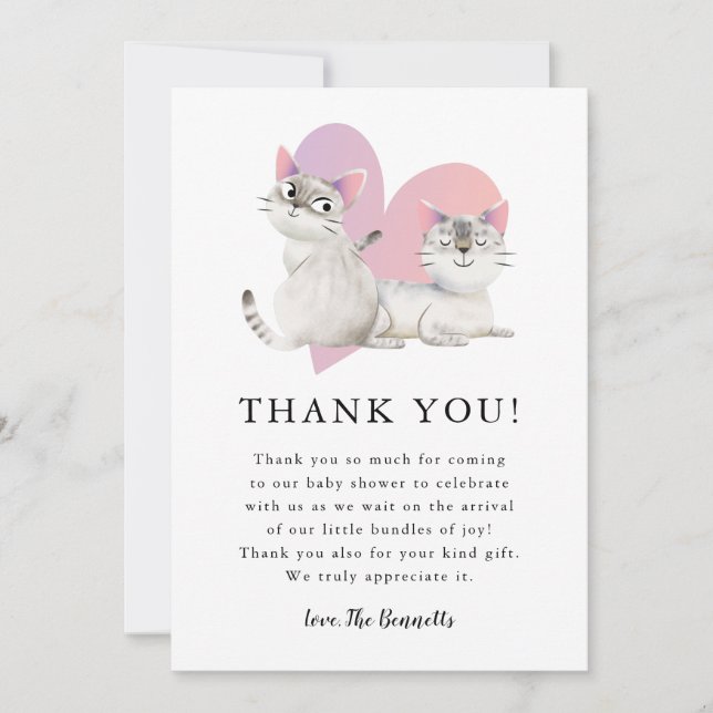 Whimsical Pink Kitten Twins Baby Shower Thank You Card (Front)