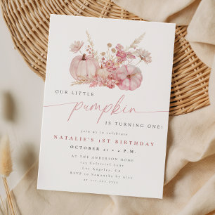 Whimsical Pink Little Pumpkin Fall 1st Birthday Invitation