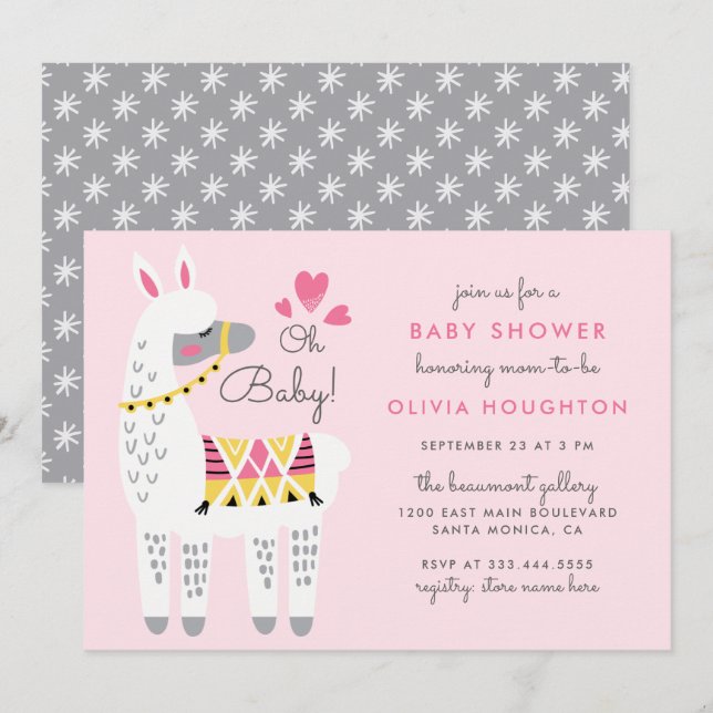 Whimsical Pink Llama Oh Baby Girl Shower Invitation (Front/Back)