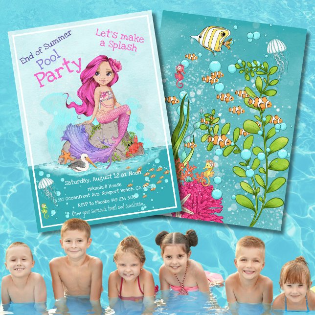 Whimsical Pink Mermaid Girl Summer Pool Party Invitation (Creator Uploaded)