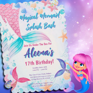 Whimsical Pink Mermaid Tail 17th Birthday  Invitation