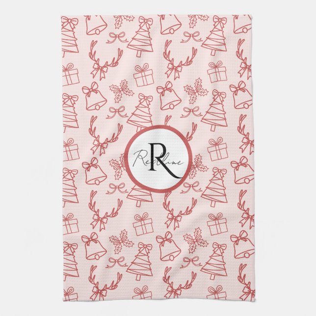 Whimsical pink monogram  tea towel (Vertical)