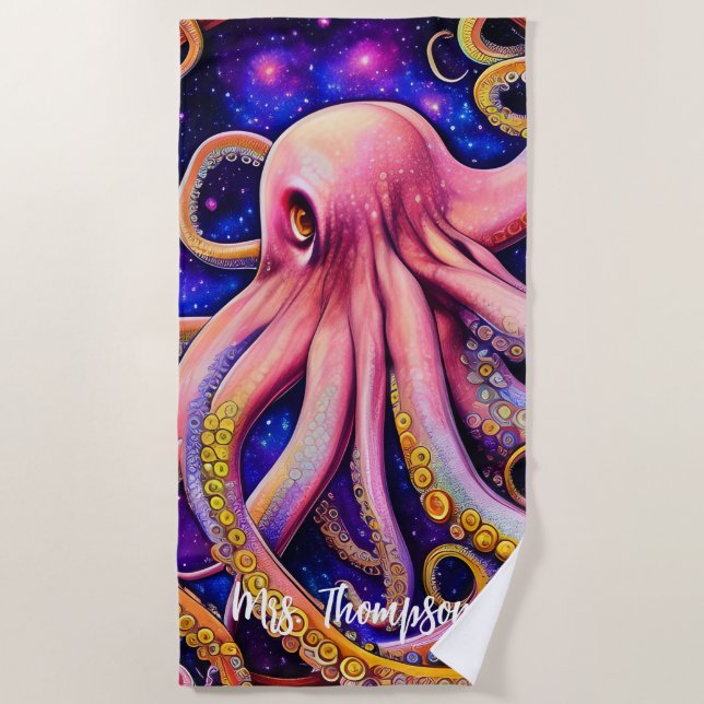 Whimsical Pink Octopus with Personalised Name Beach Towel (Front)