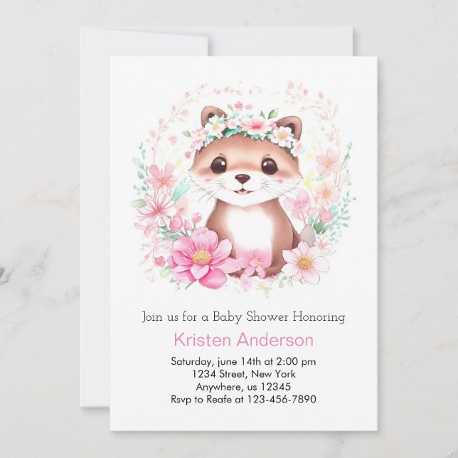 Whimsical Pink Otter Meadow Girl Baby Shower Invitation (Front)