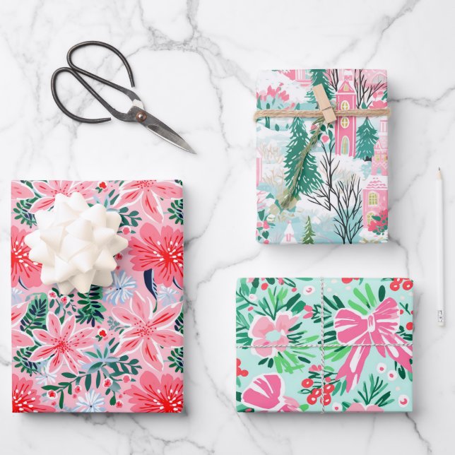 Whimsical Pink Pastel Christmas Holiday Festive Wrapping Paper Sheet (Front)