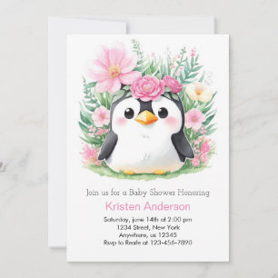 Whimsical Pink Penguin Paradise Baby Shower Invitation
