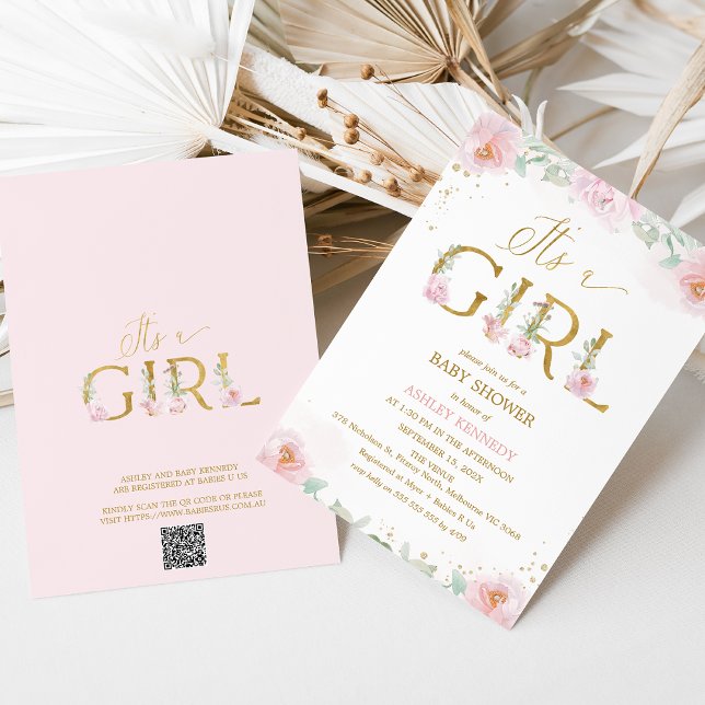 Whimsical Pink Peonies It's a Girl Baby Shower Invitation (It's a Girl baby Shower Invitation Template, Pink Floral Peonies Baby Shower Invitation Girl QR Code)