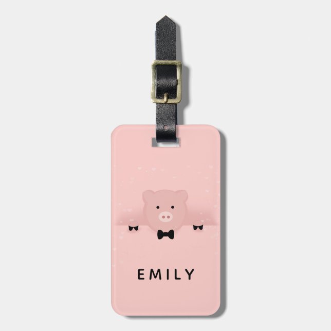 Whimsical Pink Pig Cute Farm Animal Luggage Tag (Front Vertical)