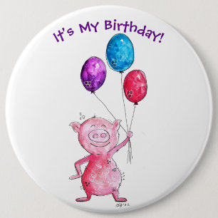 Whimsical Pink Pig with Balloons 6 Cm Round Badge