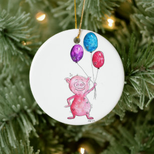 Whimsical Pink Pig with Balloons Ceramic Tree Decoration