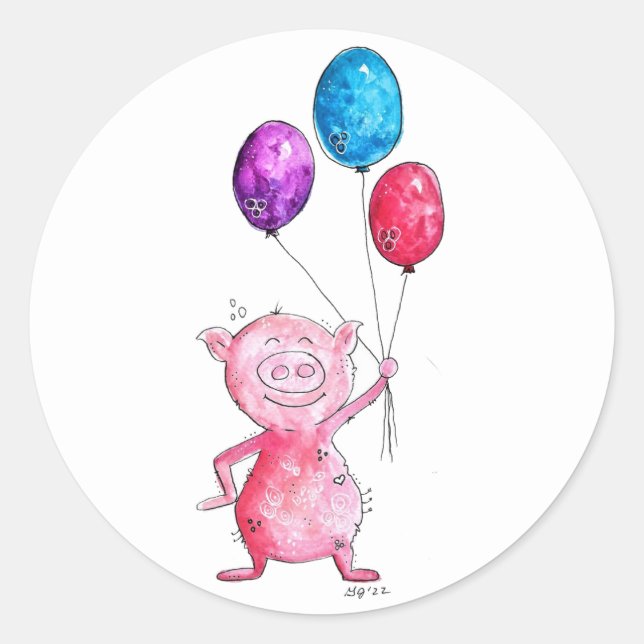 Whimsical Pink Pig with Balloons Classic Round Sticker (Front)