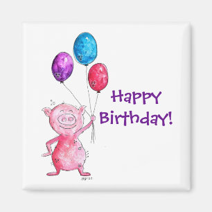 Whimsical Pink Pig with Balloons Magnet