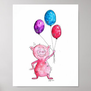Whimsical Pink Pig with Balloons Poster