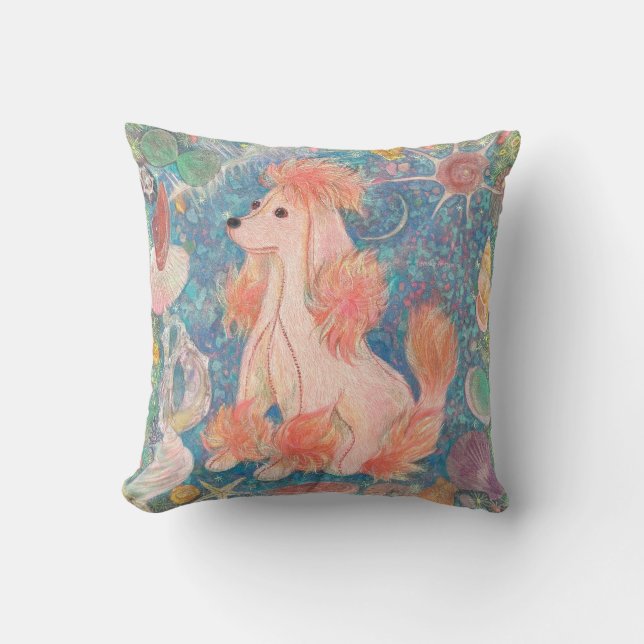 Whimsical Pink Poodle & Ocean Shells Cushion  (Front)
