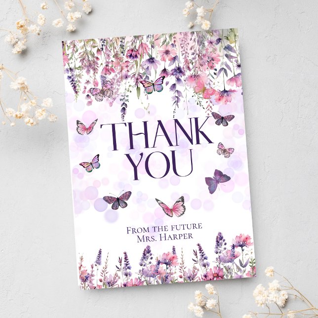 Whimsical Pink Purple Butterflies & Wildflowers Thank You Card (Creator Uploaded)