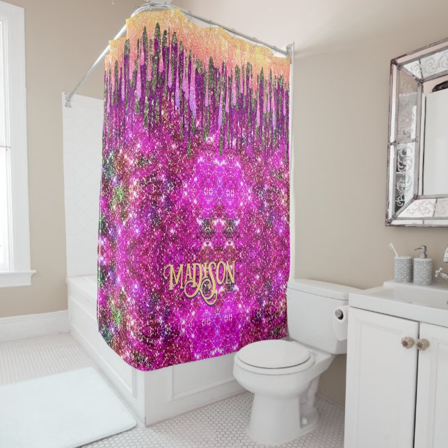Whimsical pink purple Glitter gold drips monogram Shower Curtain (In Situ)