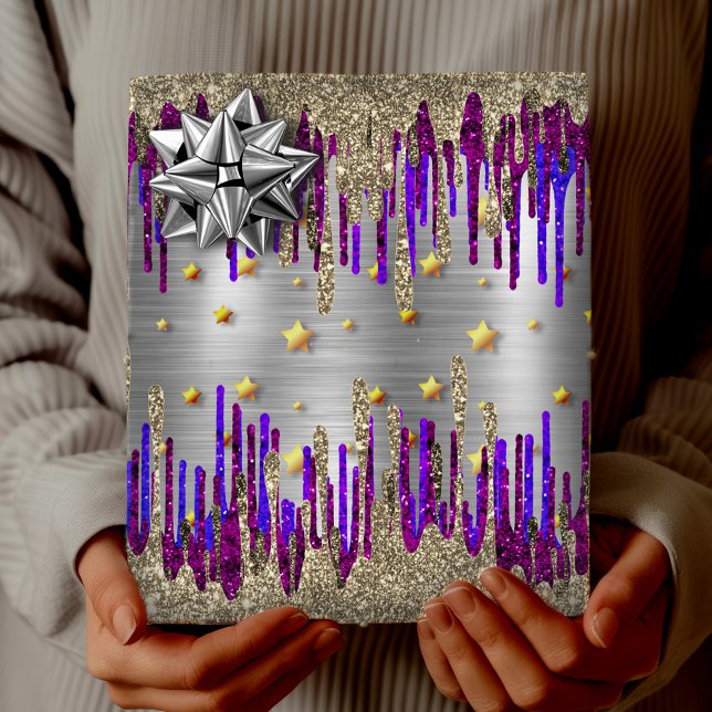 Whimsical pink purple Glitter gold drips Wrapping Paper (Creator Uploaded)