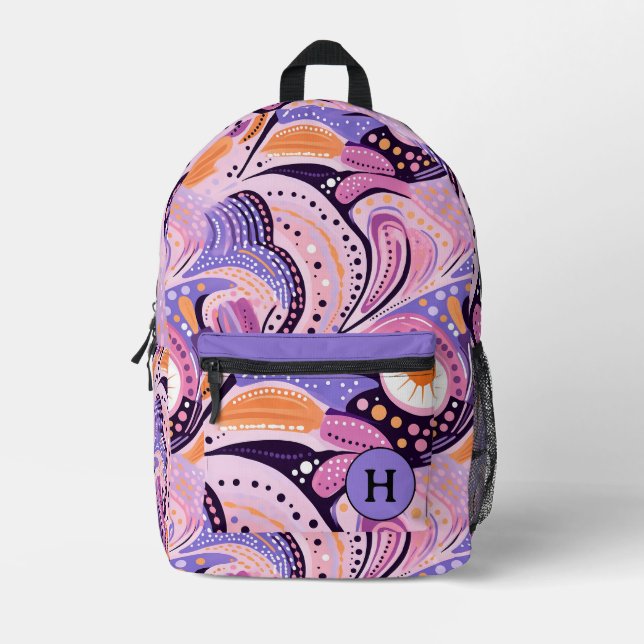 Whimsical Pink & Purple Monogram  Printed Backpack (Front)
