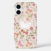 Whimsical Pink Rabbit and Floral Meadow