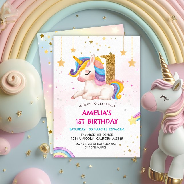 Whimsical pink Rainbow unicorn 1st Birthday party Invitation (Creator Uploaded)
