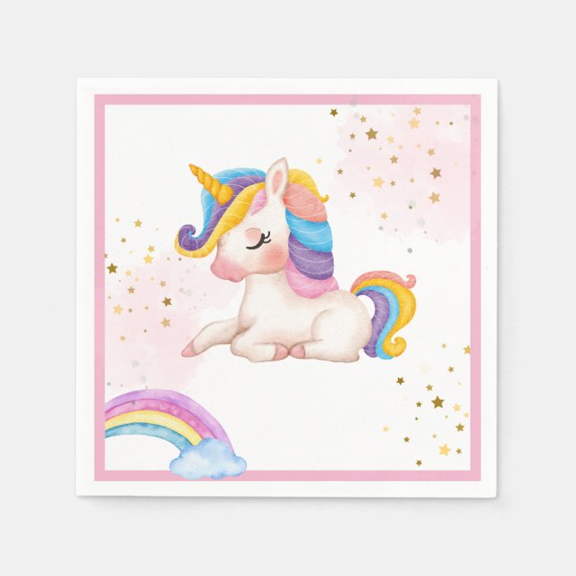 Whimsical pink Rainbow unicorn 1st Birthday party  Napkin (Front)