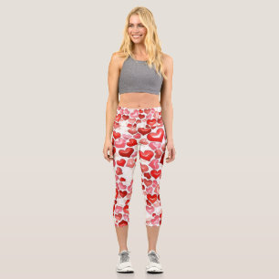 Whimsical pink red cute hearts colourful drawing capri leggings
