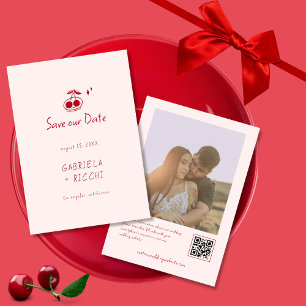Whimsical Pink & Red Hand Drawn Cherry QR Code Save The Date