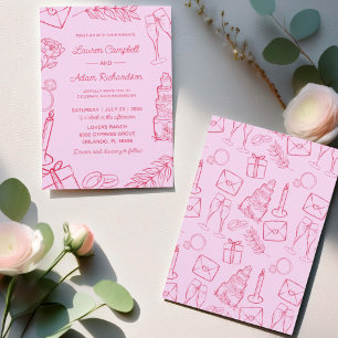 Whimsical Pink & Red Hand-Drawn Wedding Invitation