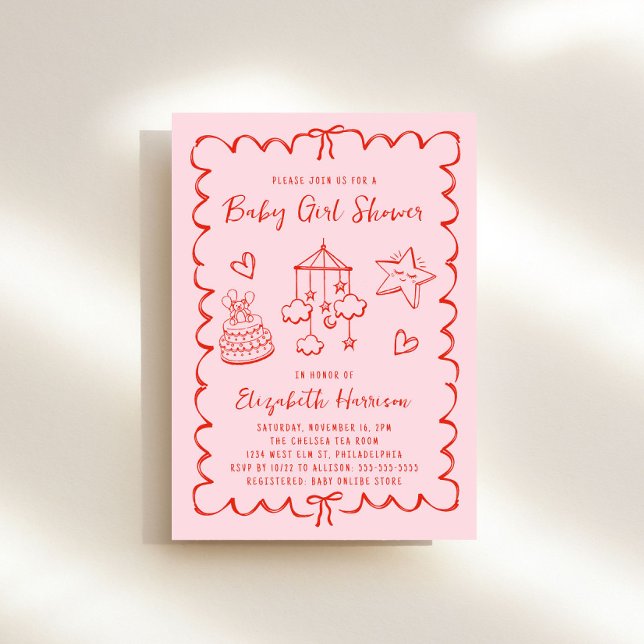 Whimsical Pink Red Wavy Frame Baby Girl Shower Invitation (Creator Uploaded)