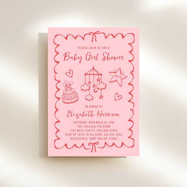 Whimsical Pink Red Wavy Frame Baby Girl Shower Invitation (Creator Uploaded)