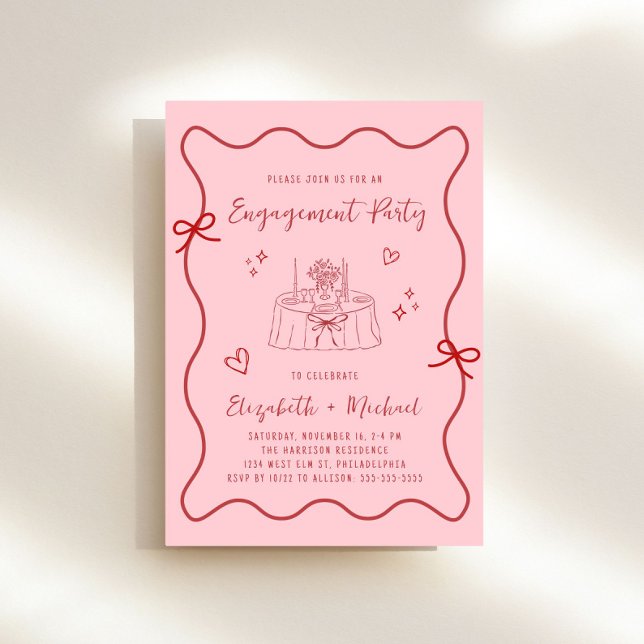 Whimsical Pink Red Wavy Frame Engagement Party Invitation (Whimsical pink + red engagement party invitation to set the tone for an unforgettable event)