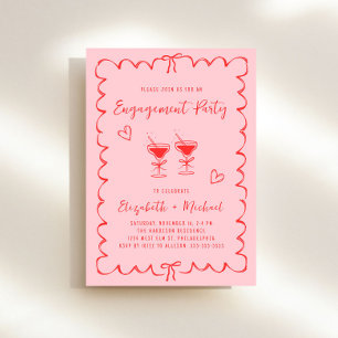 Whimsical Pink Red Wavy Frame Engagement Party Invitation