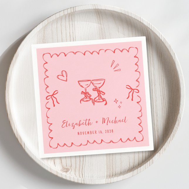 Whimsical Pink Red Wavy Frame Wedding Napkin (Creator Uploaded)