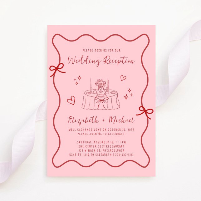 Whimsical Pink Red Wavy Frame Wedding Reception Invitation (Fun reception invitation featuring a whimsical hand drawn wedding table with hearts + coquette bows)